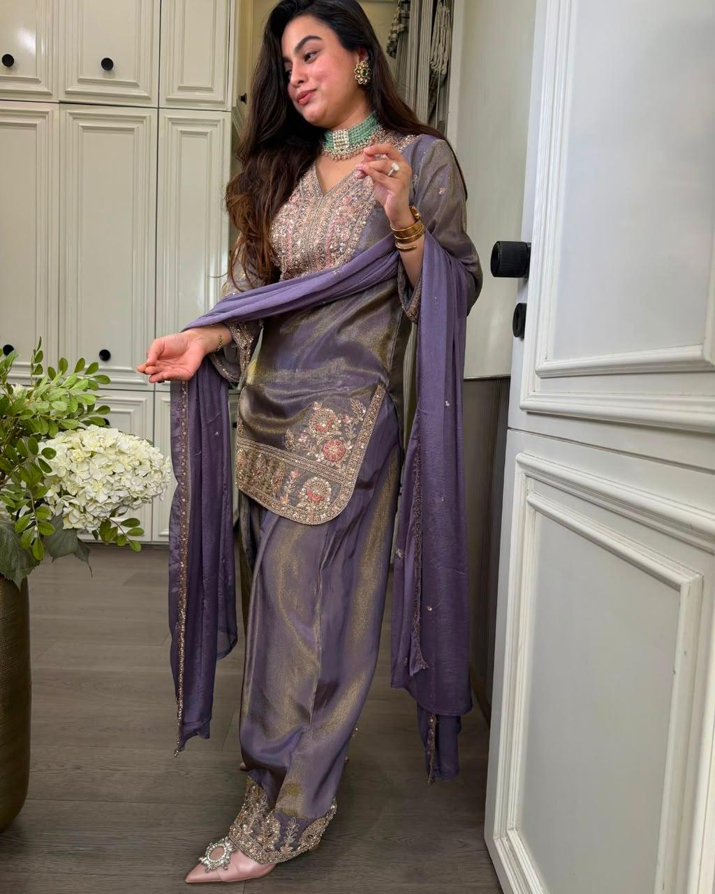 Lavendar Ronald Silk Embroidered Palazzo Suit Set with Dupatta