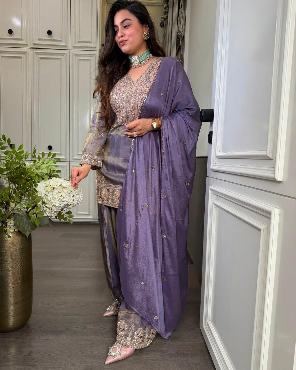 Lavendar Ronald Silk Embroidered Palazzo Suit Set with Dupatta