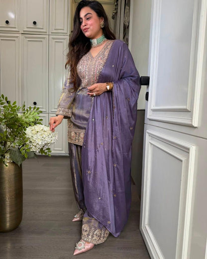 Lavendar Ronald Silk Embroidered Palazzo Suit Set with Dupatta