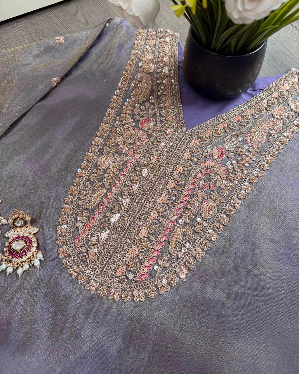 Lavendar Ronald Silk Embroidered Palazzo Suit Set with Dupatta
