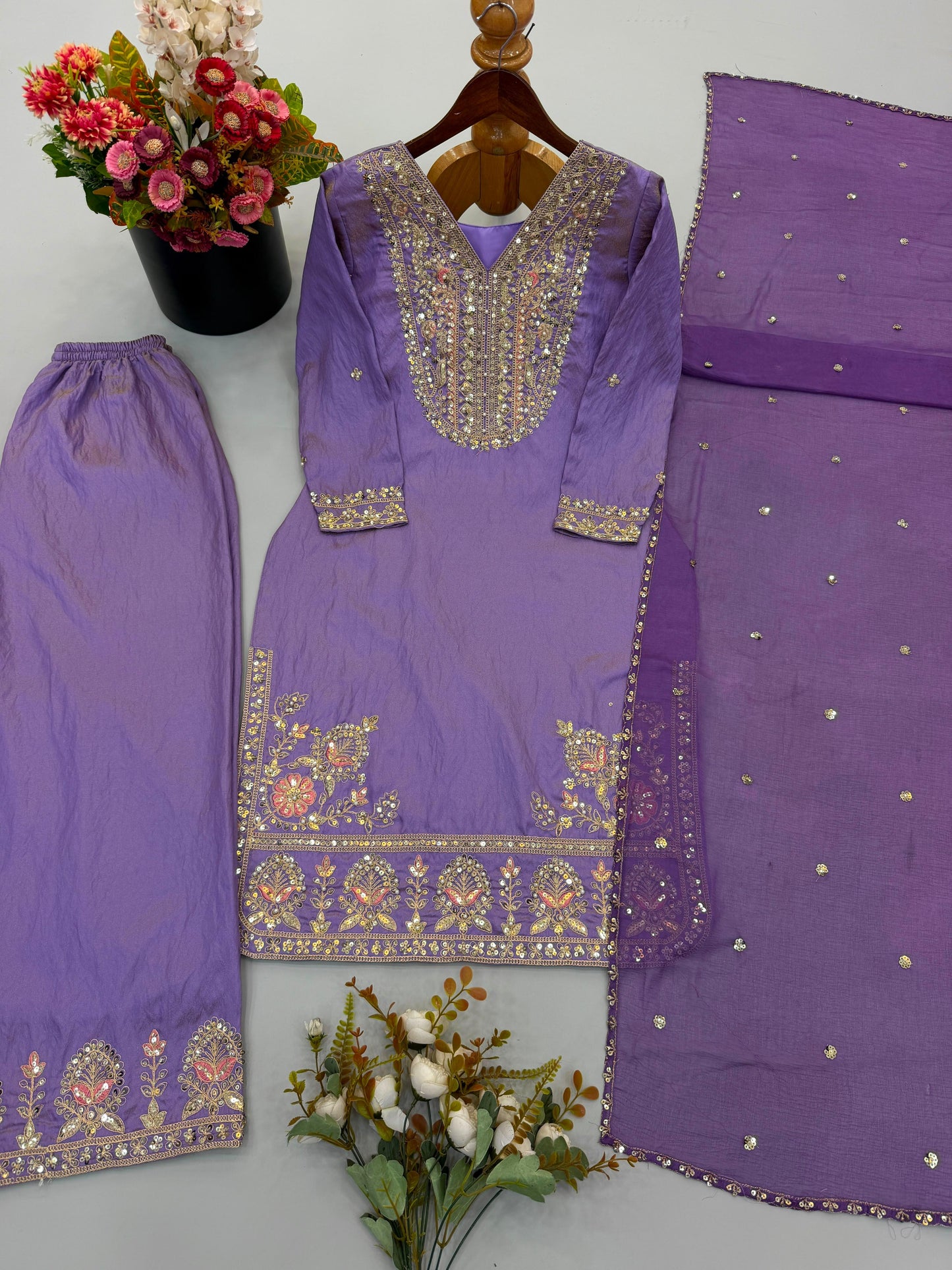 Lavendar Ronald Silk Embroidered Palazzo Suit Set with Dupatta
