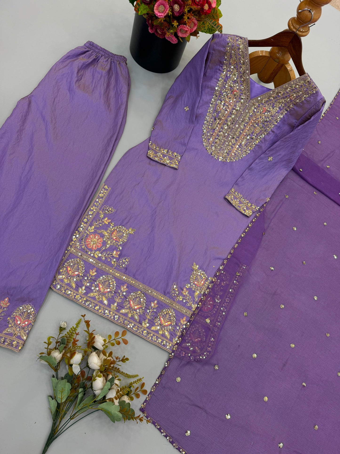 Lavendar Ronald Silk Embroidered Palazzo Suit Set with Dupatta