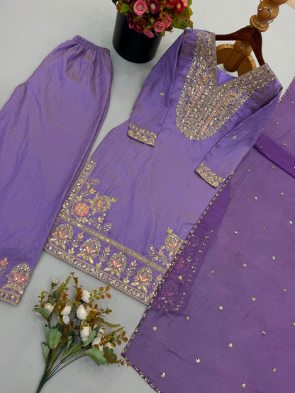 Lavendar Ronald Silk Embroidered Palazzo Suit Set with Dupatta