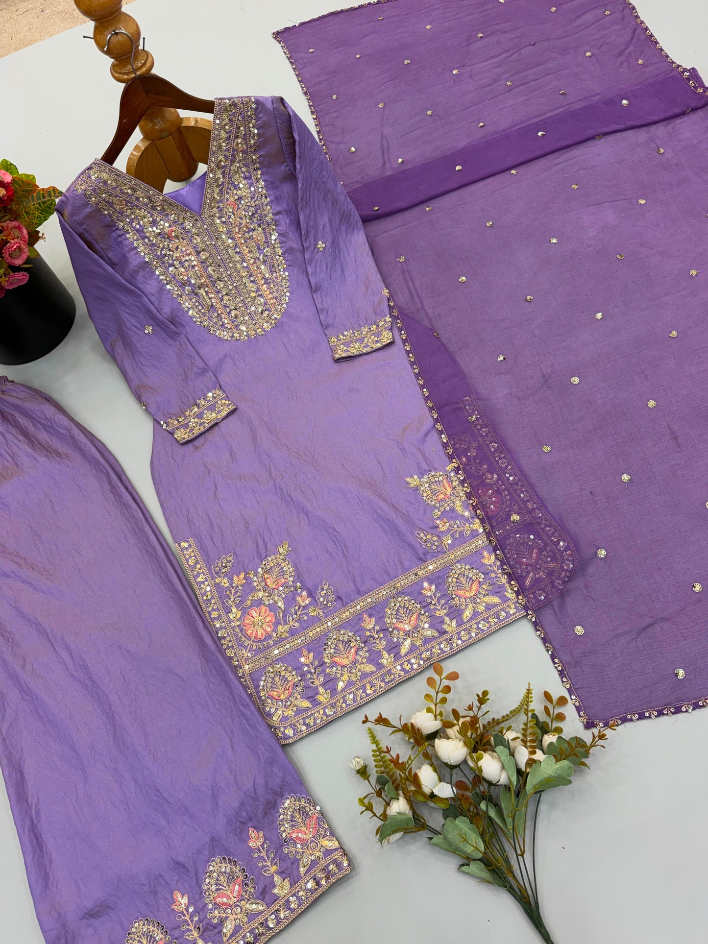 Lavendar Ronald Silk Embroidered Palazzo Suit Set with Dupatta