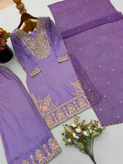 Lavendar Ronald Silk Embroidered Palazzo Suit Set with Dupatta