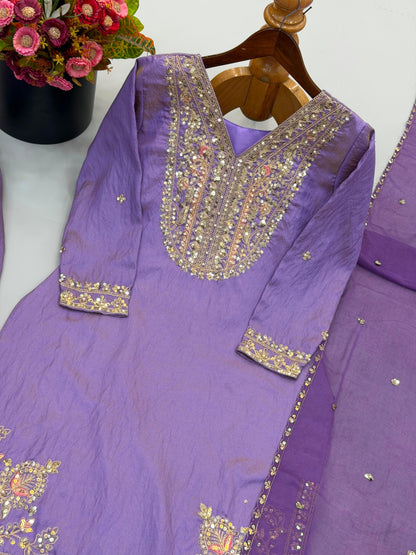 Lavendar Ronald Silk Embroidered Palazzo Suit Set with Dupatta