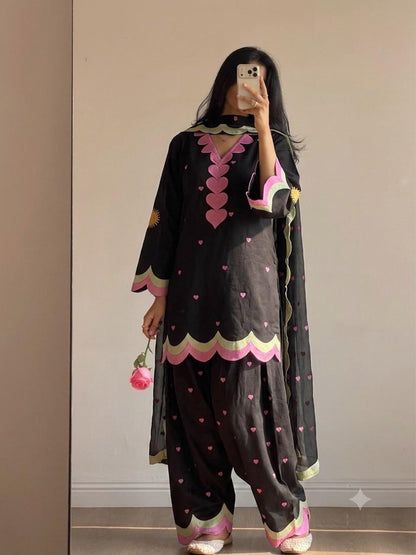 Classic Black Mul Chanderi Embroidered Salwar Suit with Dupatta
