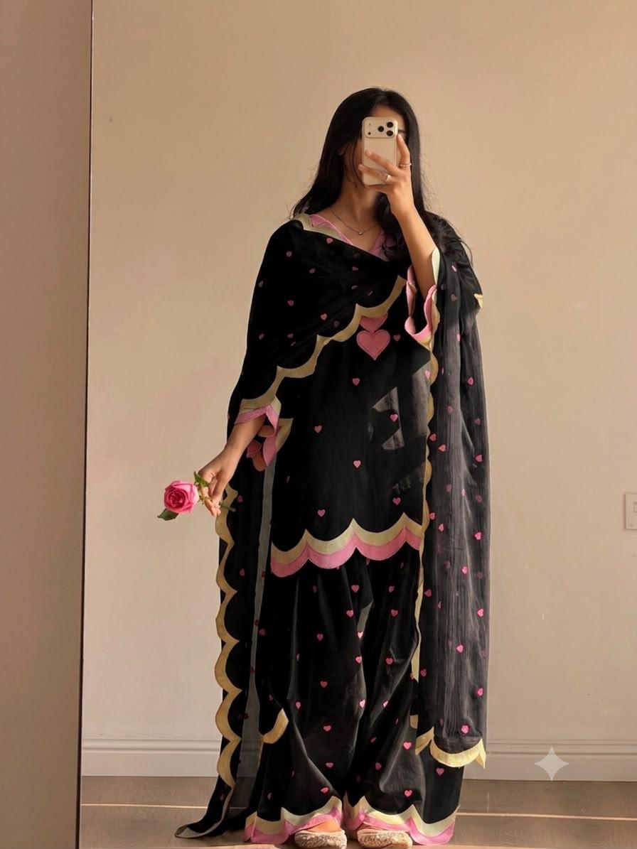 Classic Black Mul Chanderi Embroidered Salwar Suit with Dupatta
