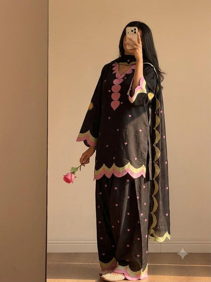 Classic Black Mul Chanderi Embroidered Salwar Suit with Dupatta