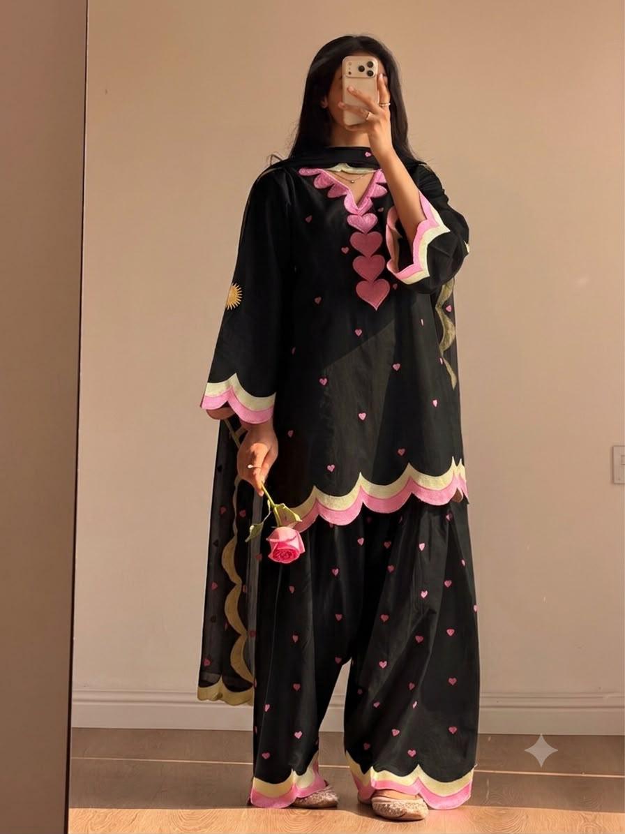 Classic Black Mul Chanderi Embroidered Salwar Suit with Dupatta