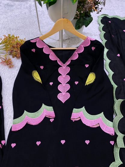 Classic Black Mul Chanderi Embroidered Salwar Suit with Dupatta
