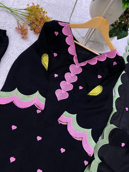 Classic Black Mul Chanderi Embroidered Salwar Suit with Dupatta