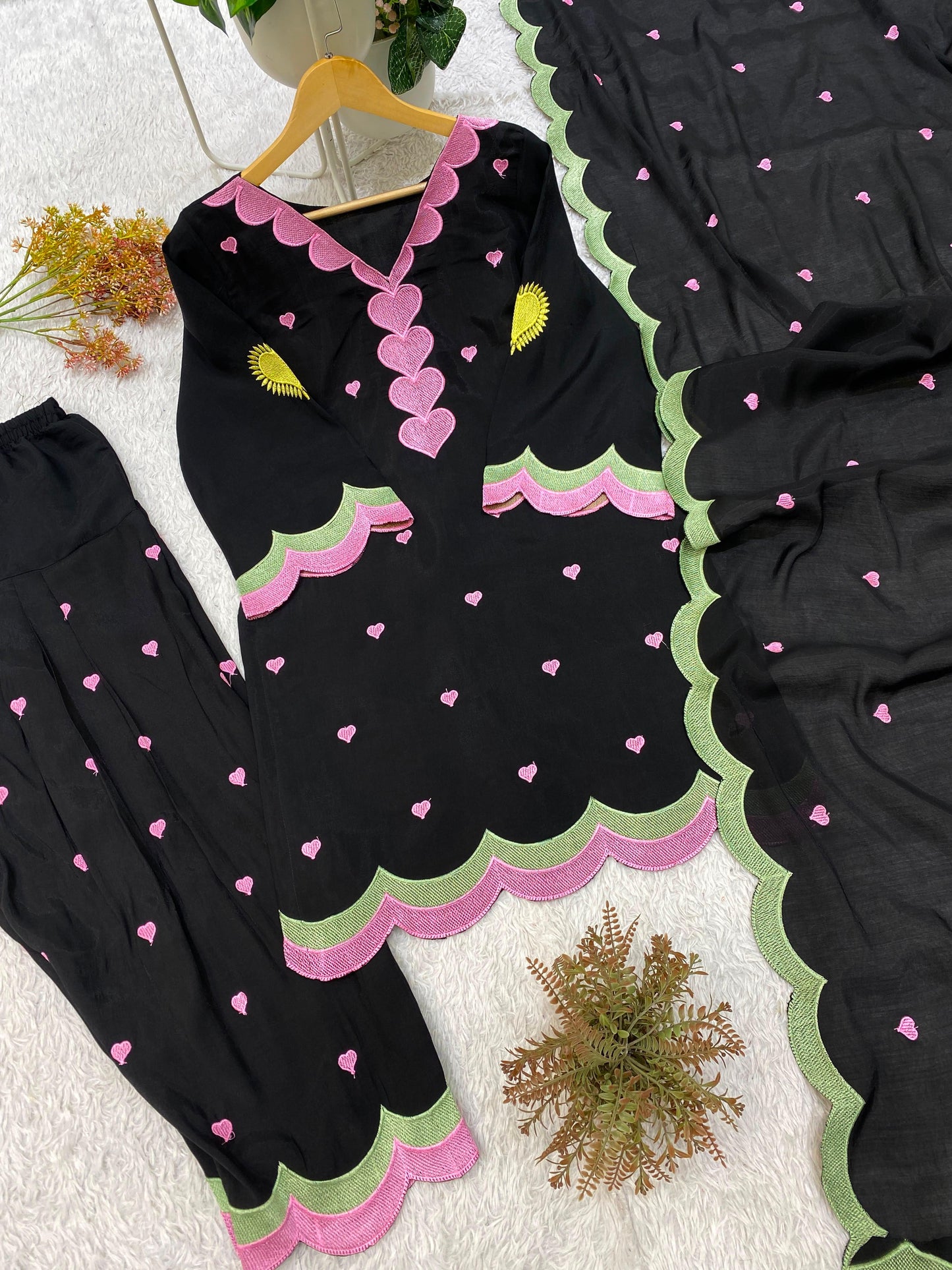 Classic Black Mul Chanderi Embroidered Salwar Suit with Dupatta