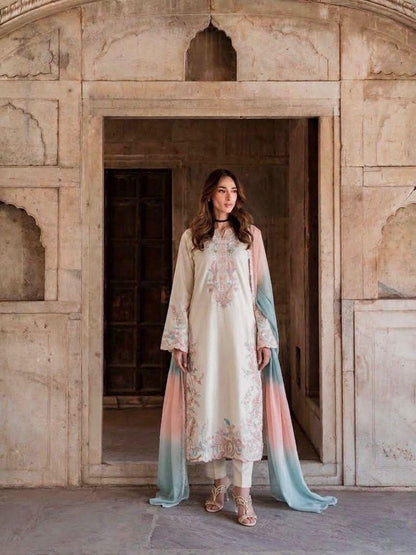 Off White Satin Rayon Embroidered Long Kaftan Set with Shaded Dupatta