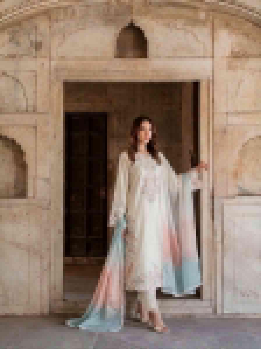 Off White Satin Rayon Embroidered Long Kaftan Set with Shaded Dupatta