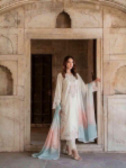 Off White Satin Rayon Embroidered Long Kaftan Set with Shaded Dupatta