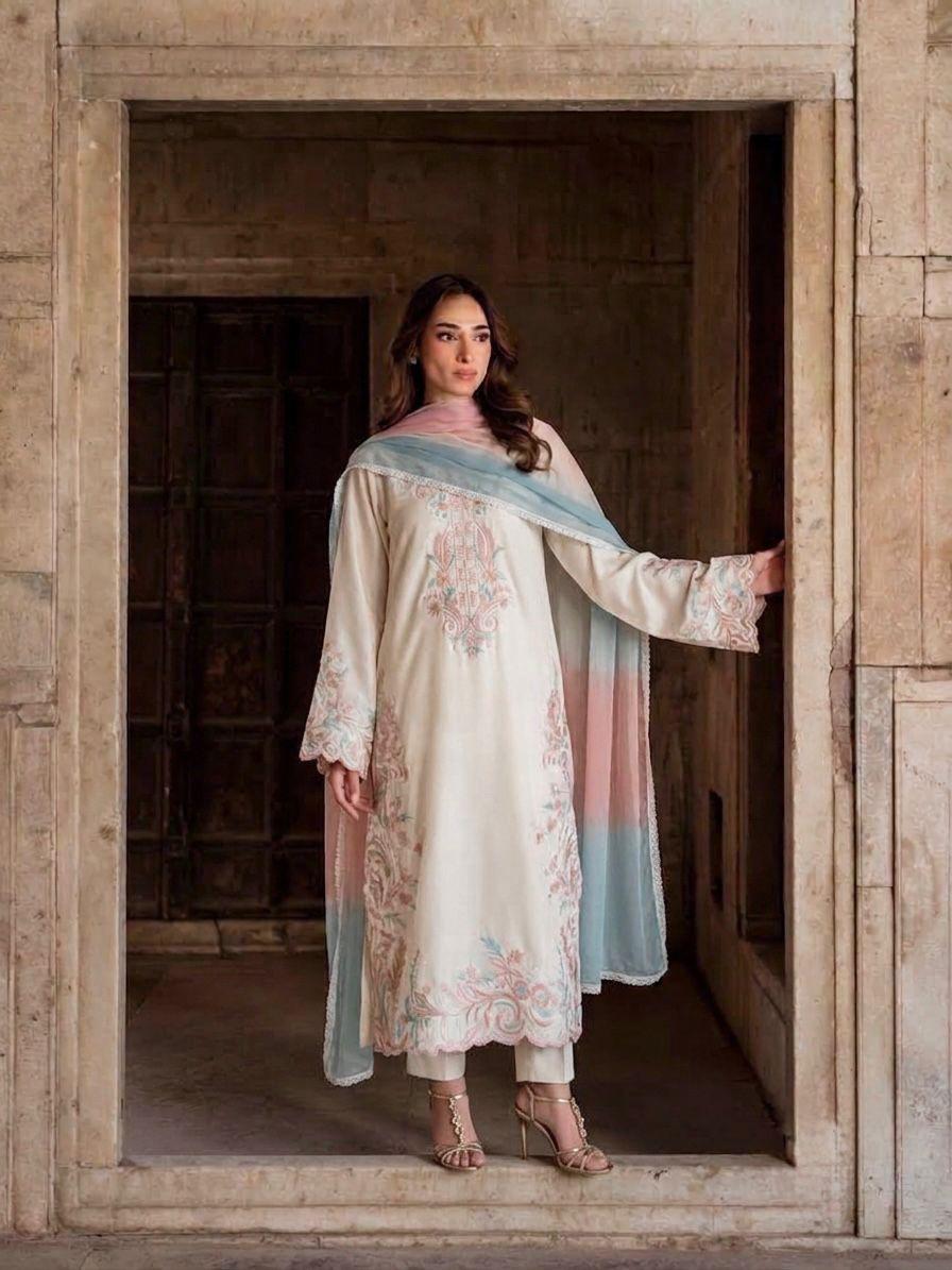 Off White Satin Rayon Embroidered Long Kaftan Set with Shaded Dupatta