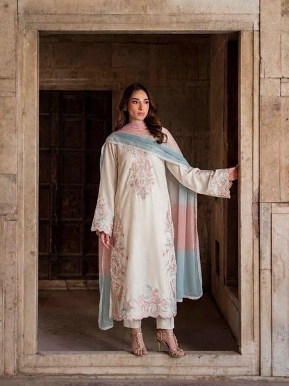 Off White Satin Rayon Embroidered Long Kaftan Set with Shaded Dupatta