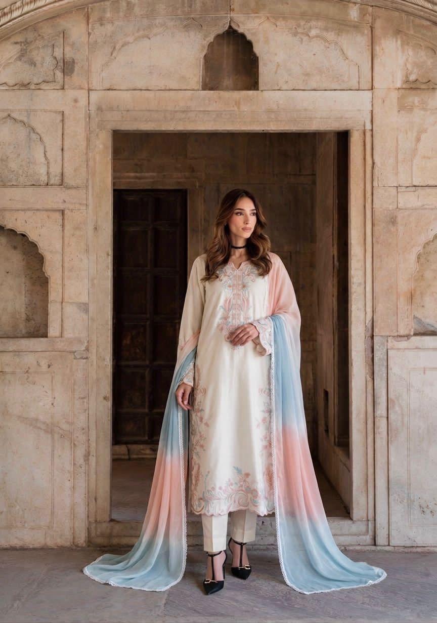 Off White Satin Rayon Embroidered Long Kaftan Set with Shaded Dupatta