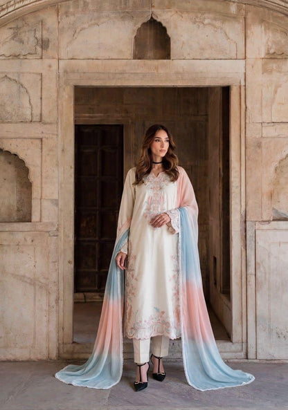 Off White Satin Rayon Embroidered Long Kaftan Set with Shaded Dupatta