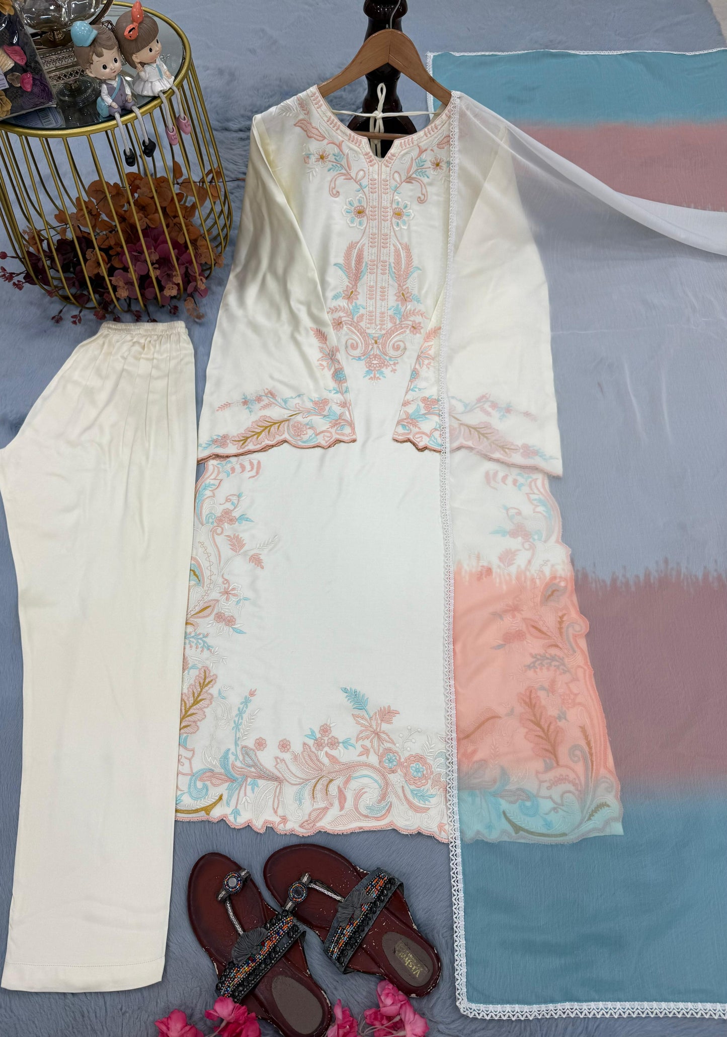 Off White Satin Rayon Embroidered Long Kaftan Set with Shaded Dupatta