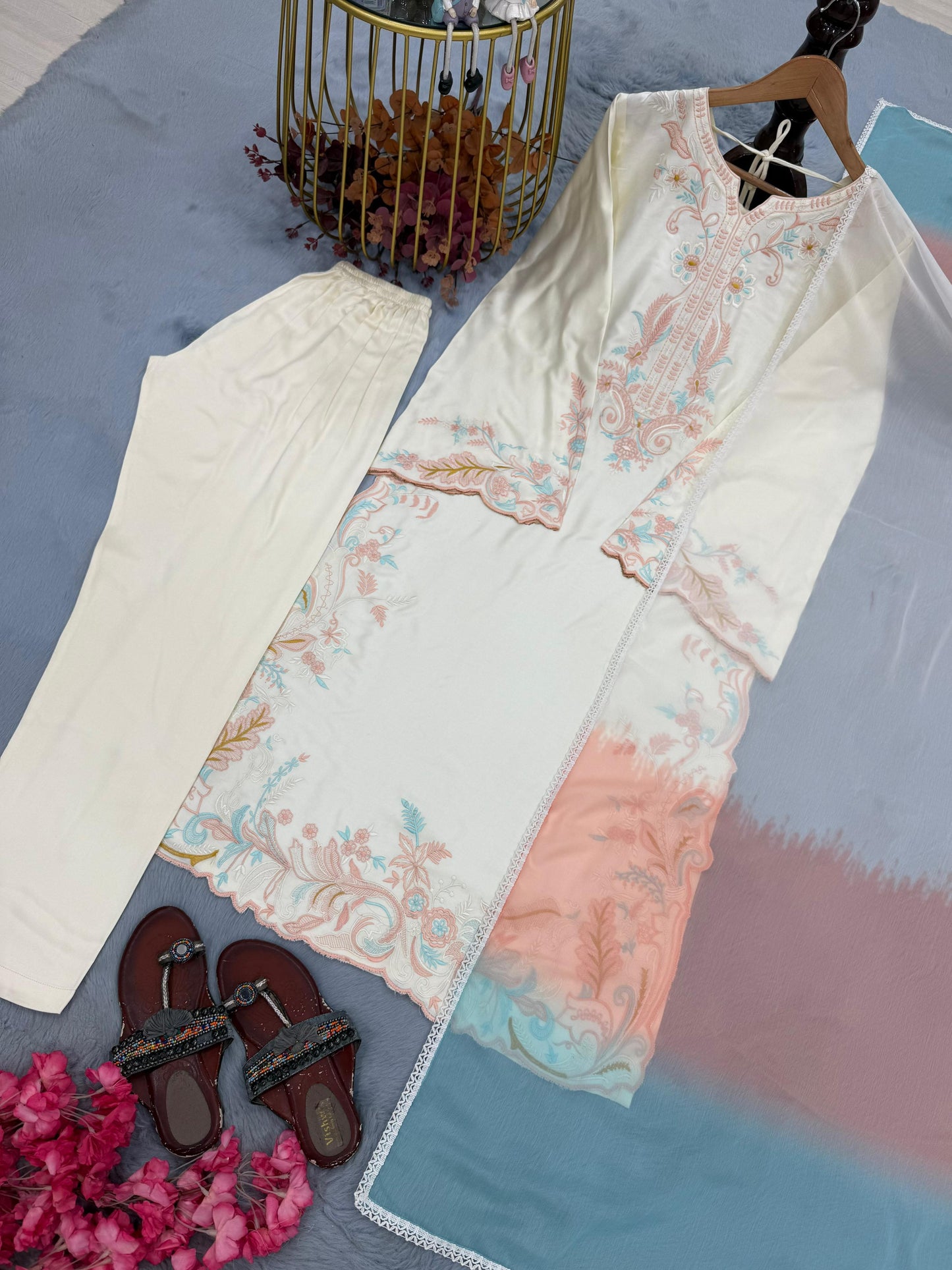 Off White Satin Rayon Embroidered Long Kaftan Set with Shaded Dupatta
