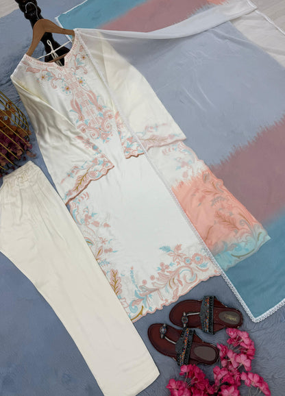 Off White Satin Rayon Embroidered Long Kaftan Set with Shaded Dupatta