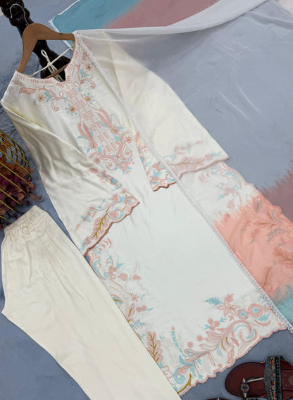 Off White Satin Rayon Embroidered Long Kaftan Set with Shaded Dupatta