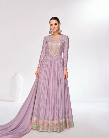 Premium Lavendar Party Wear Long Kurti Palazzo Dupatta Set