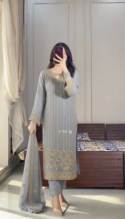 Grey Designer Chinon Silk Embroidered Top–Bottom–Dupatta Set