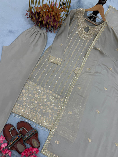 Grey Designer Chinon Silk Embroidered Top–Bottom–Dupatta Set