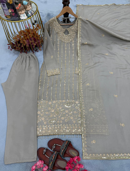 Grey Designer Chinon Silk Embroidered Top–Bottom–Dupatta Set
