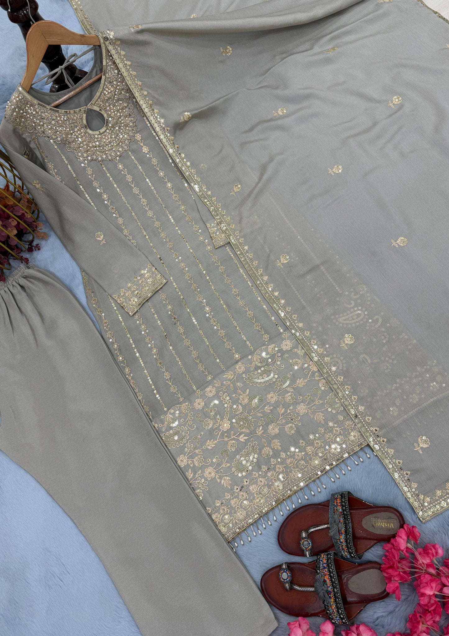 Grey Designer Chinon Silk Embroidered Top–Bottom–Dupatta Set