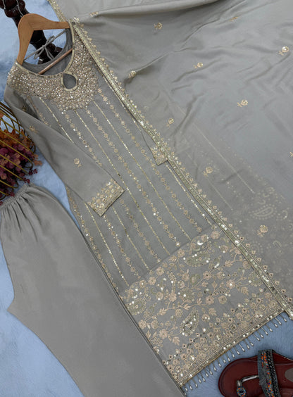 Grey Designer Chinon Silk Embroidered Top–Bottom–Dupatta Set