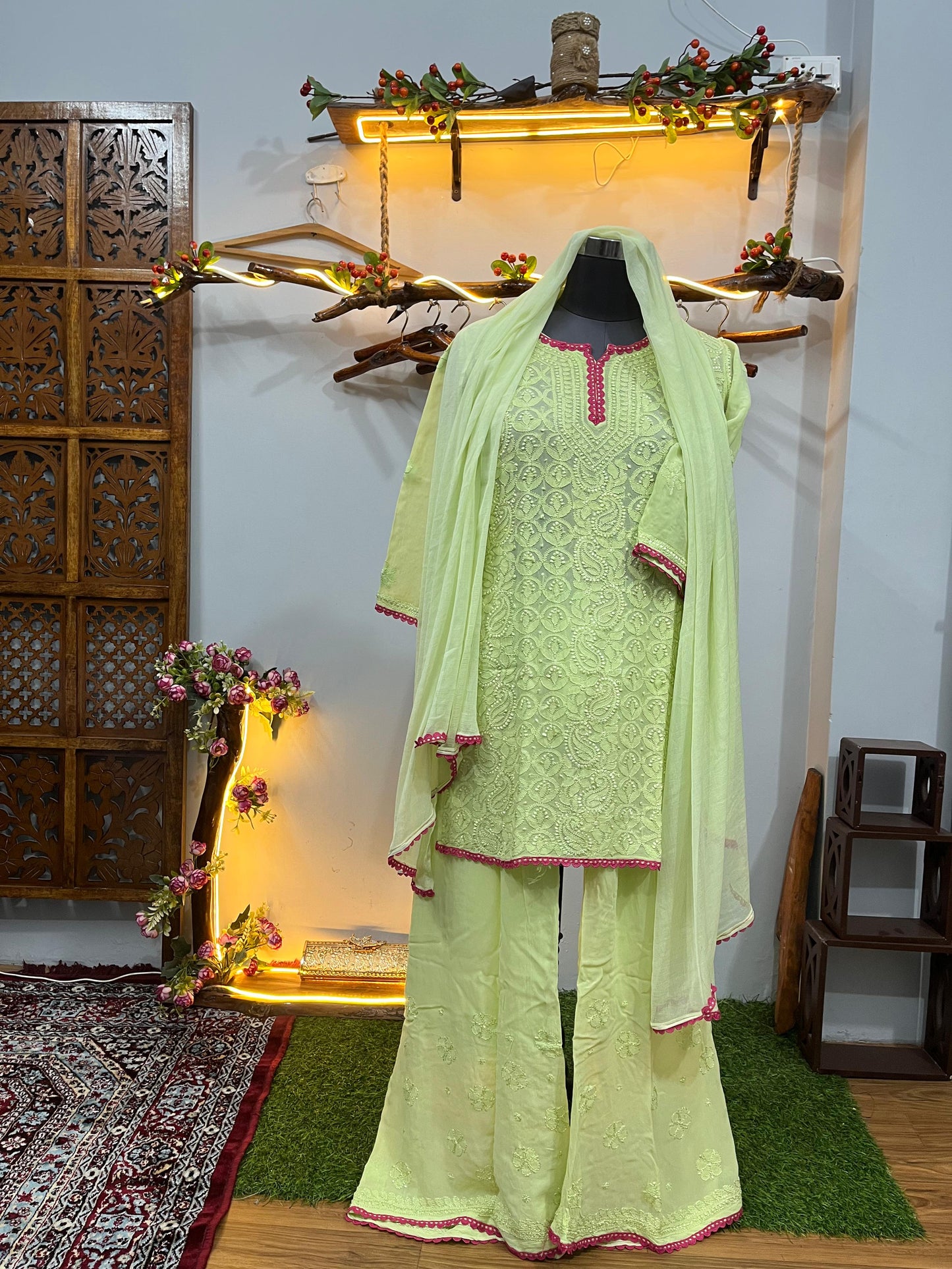 Light Green Resham Jaal Premium Viscose Chikankari Short Kurti Set