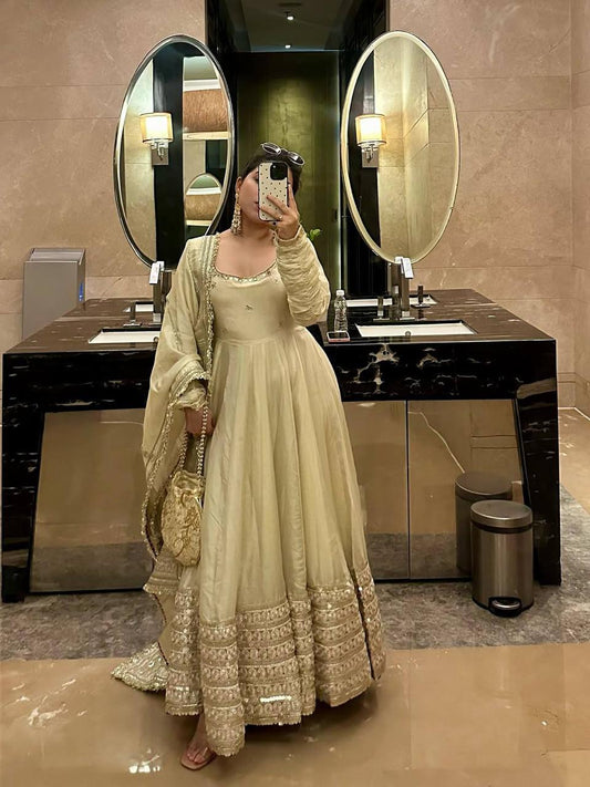 Beige Regal Midnight Sequin & Zari Embroidered Chinon Silk Anarkali Set