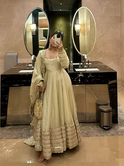 Beige Regal Midnight Sequin & Zari Embroidered Chinon Silk Anarkali Set