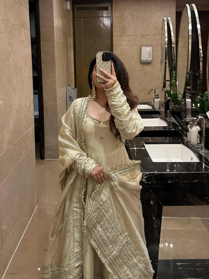 Beige Regal Midnight Sequin & Zari Embroidered Chinon Silk Anarkali Set