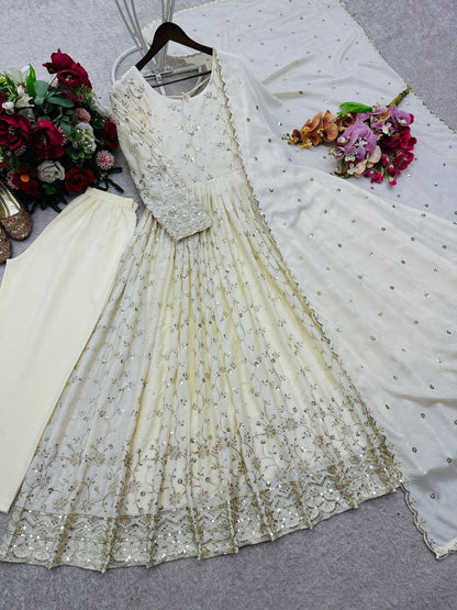 Cream Chinon Silk Gown Pant Dupatta Set with Sequence Embroidery