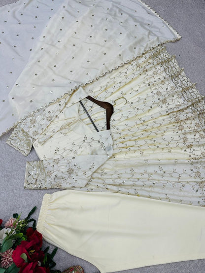 Cream Chinon Silk Gown Pant Dupatta Set with Sequence Embroidery