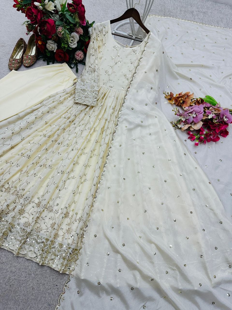 Cream Chinon Silk Gown Pant Dupatta Set with Sequence Embroidery