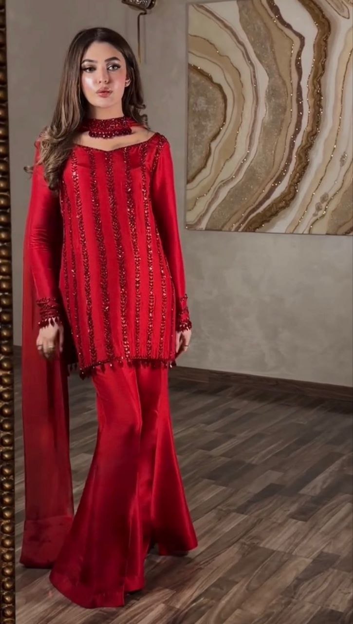 Red Rangoli Silk Kurti Plazzo Dupatta Set