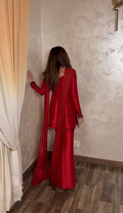 Red Rangoli Silk Kurti Plazzo Dupatta Set