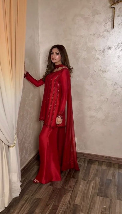 Red Rangoli Silk Kurti Plazzo Dupatta Set