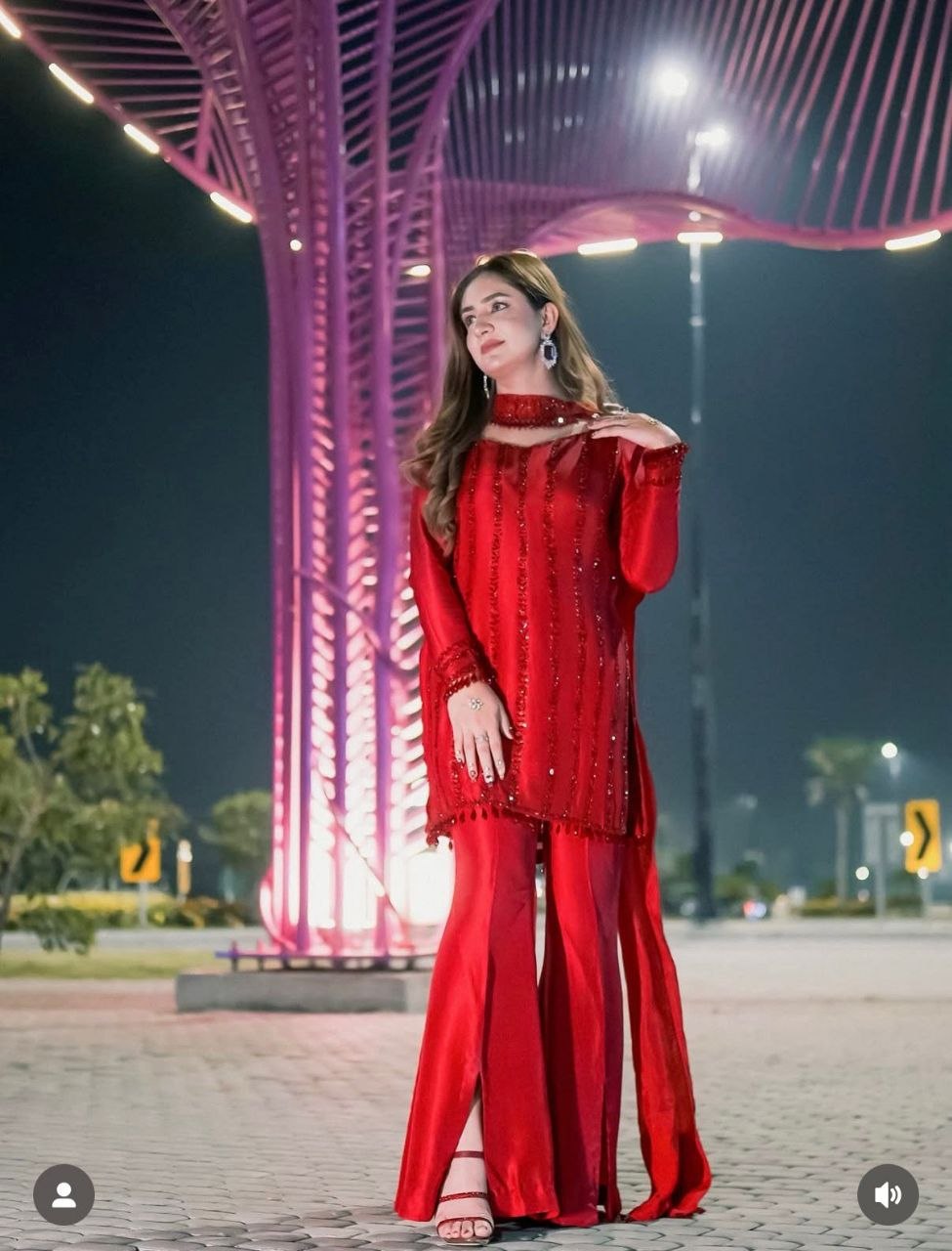 Red Rangoli Silk Kurti Plazzo Dupatta Set