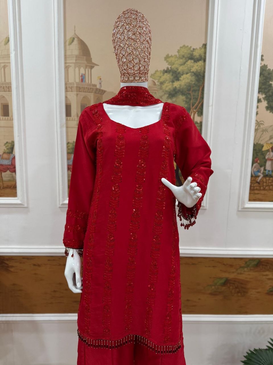 Red Rangoli Silk Kurti Plazzo Dupatta Set