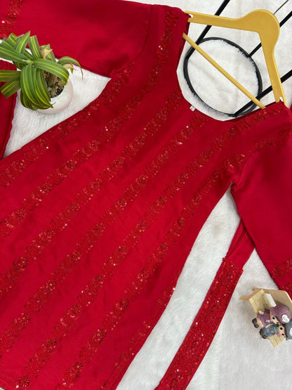 Red Rangoli Silk Kurti Plazzo Dupatta Set