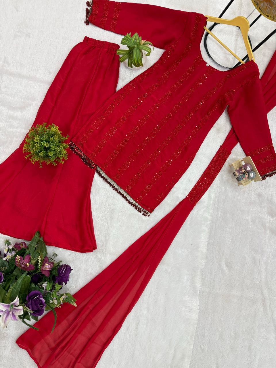 Red Rangoli Silk Kurti Plazzo Dupatta Set