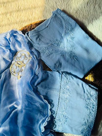 Modal Chikankari Farshi Shalwar Set with Chiffon Dupatta in 5 Colors