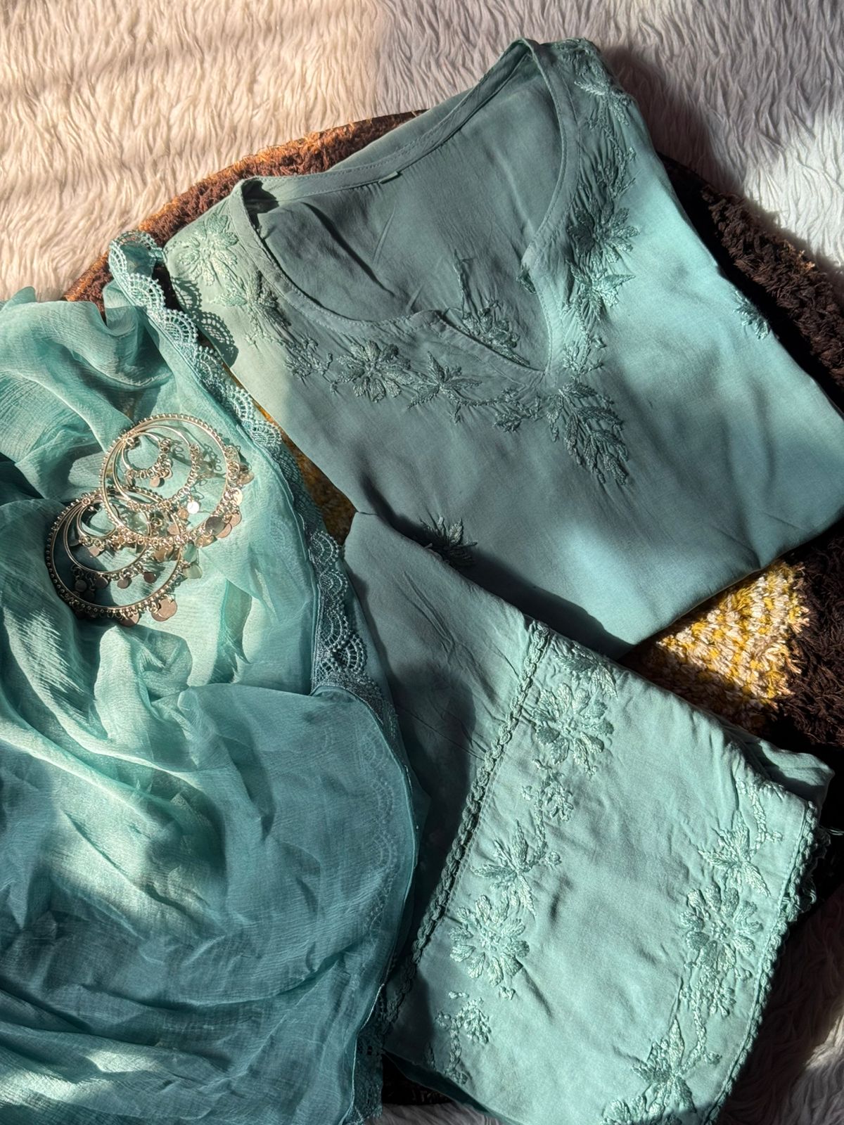 Modal Chikankari Farshi Shalwar Set with Chiffon Dupatta in 5 Colors